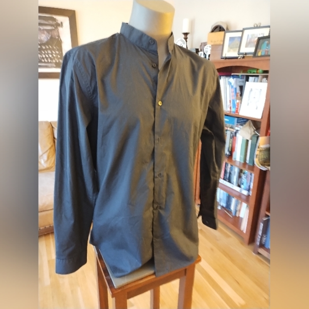 H&M Black Long Sleeve Button Front Nehru Collar Shirt Size XL